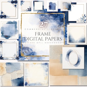 May include: A collection of 27 digital frame papers with a commercial license. The designs feature watercolor textures in shades of blue and gold, with floral and abstract elements. The text reads "FRAME DIGITAL PAPERS".