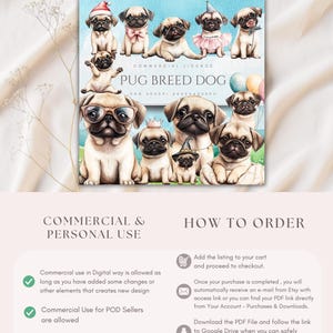 May include: Digital download of a set of cute pug dog illustrations. The illustrations are in a watercolor style and feature pugs wearing different accessories, such as hats, glasses, and crowns. The text on the image reads "Commercial Licence Pug Breed Dog 300 DPI 4000x4000px".