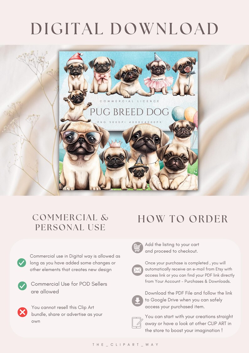 May include: Digital download of a set of cute pug dog illustrations. The illustrations are in a watercolor style and feature pugs wearing different accessories, such as hats, glasses, and crowns. The text on the image reads "Commercial Licence Pug Breed Dog 300 DPI 4000x4000px".