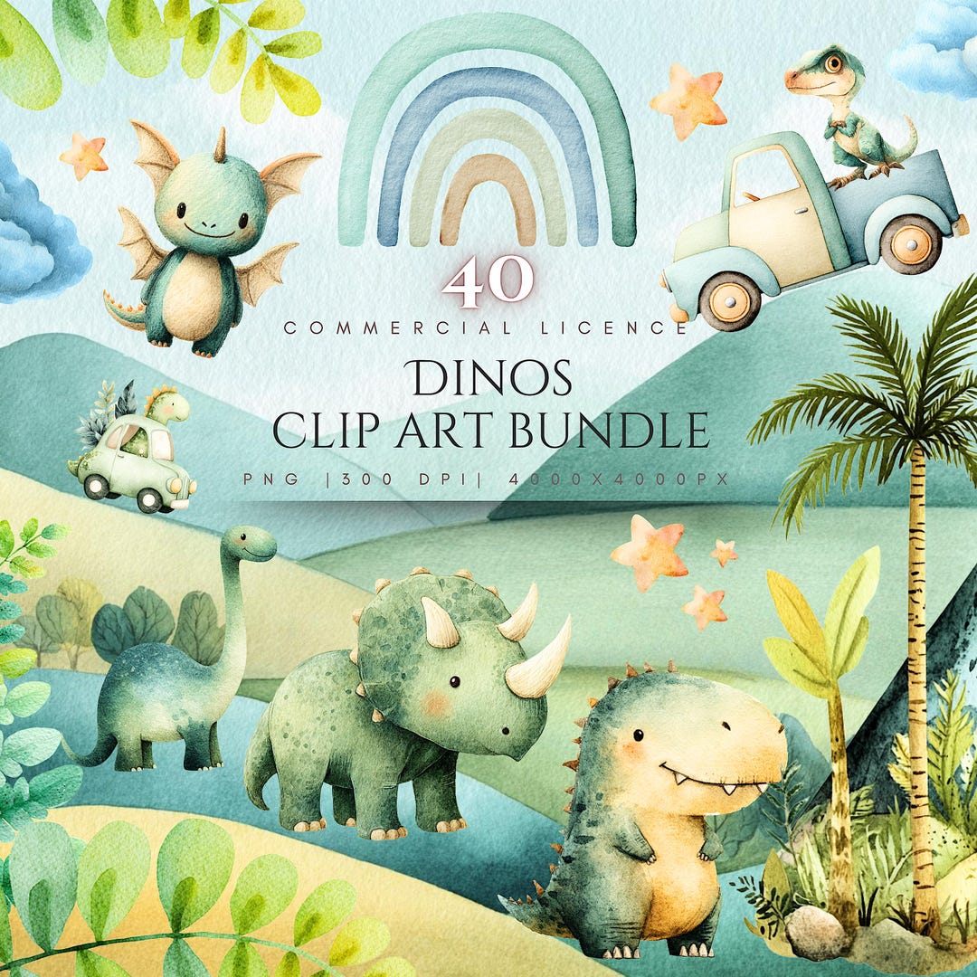 Watercolor Dinosaur Clipart Bundle, Pastel Nursery Pngs (digital ...