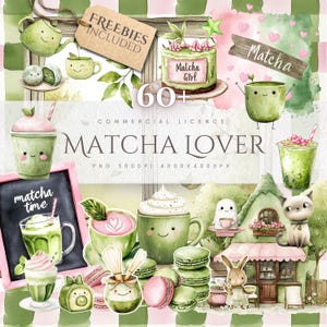 Puede incluir: Una ilustración digital caprichosa con elementos temáticos de matcha. Incluye bebidas de matcha, pasteles, macarons y una pizarra con "matcha time". La imagen tiene un título "Matcha Lover" y un aviso de "Commercial Licence".