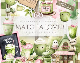 Paquete de imágenes prediseñadas de matcha PNG: lindas ilustraciones kawaii de matcha, bebidas, postres y cafeterías para pegatinas, planificadores, sublimación y uso comercial.