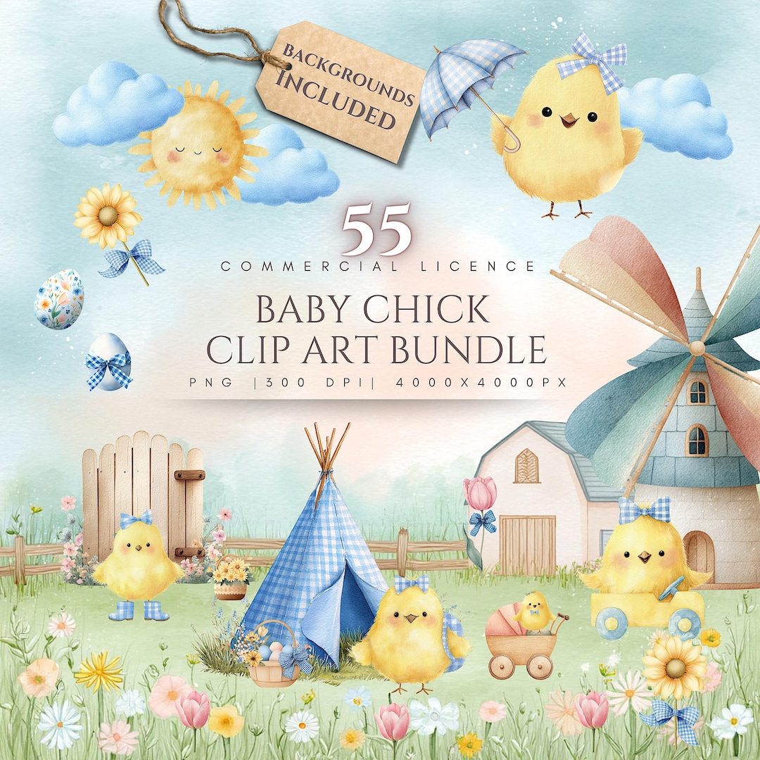 Watercolor Easter Chick Clipart Bundle, Gingham Nursery Art (digital ...