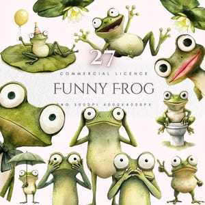 Könnte beinhalten: Aquarellillustrationen verschiedener Cartoon-Frösche in unterschiedlichen Posen. Einige Frösche sitzen auf Seerosenblättern, halten Ballons oder verdecken ihre Augen. Der Text "FUNNY FROG" wird mit der Nummer "27" darüber angezeigt.