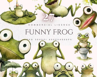 May include: Watercolor illustrations of various cartoon frogs in different poses. Some frogs are on lily pads, holding balloons, or covering their eyes. The text "FUNNY FROG" is displayed with the number "27" above it.