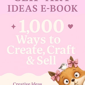 Op de afbeelding: Een roze e-book cover met de titel "The Ultimate Clip Art Ideas E-Book". Het bevat de tekst "1.000 manieren om te creëren, knutselen en verkopen" en een cartoonvos met roze strikken en een vogel. De cover bevat ook de tekst "Creatieve ideeën voor het gebruik van clip art in uw projecten."