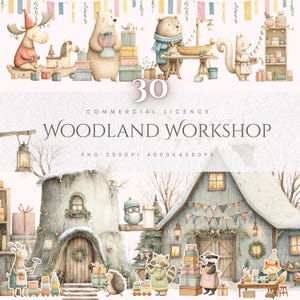 Op de afbeelding: Waterverfillustratie met bosdieren, waaronder een beer, een eekhoorn en een vos, in een werkplaatsomgeving. De afbeelding bevat de tekst "Woodland Workshop" en "30 Commercial Licence". De scène omvat geschenkdozen, een houten boot en een gezellige hut.