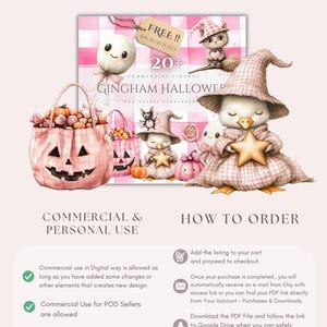 May include: Digital download graphic featuring Halloween-themed illustrations. Includes a pink gingham background, cute characters in witch hats, pumpkins, and a shopping bag. Text includes "Commercial & Personal Use" and "How to Order".