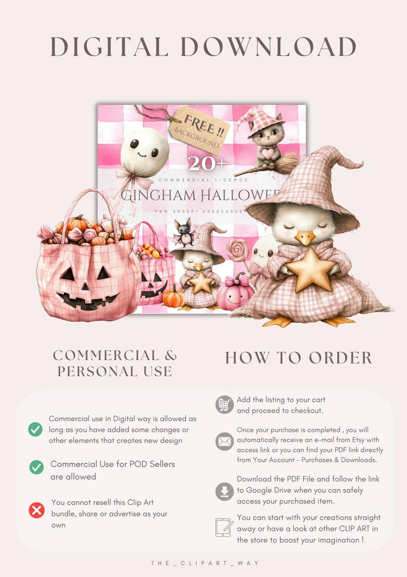May include: Digital download graphic featuring Halloween-themed illustrations. Includes a pink gingham background, cute characters in witch hats, pumpkins, and a shopping bag. Text includes "Commercial & Personal Use" and "How to Order".