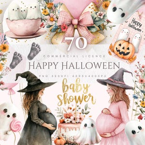May include: A digital illustration with a Halloween and baby shower theme. The image features ghosts, pumpkins, a witch, and the text "Happy Halloween" and "baby shower". The color palette includes pink, orange, and gold.