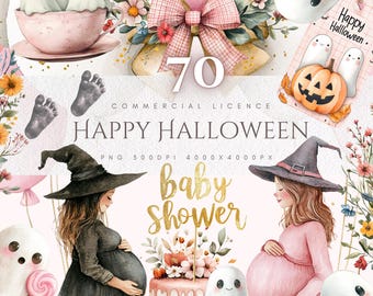 Pastel Halloween Baby Shower Clipart Bundle: Pink Ghost, Pumpkin (PNG)