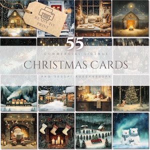 Puede incluir: Una colección de 55 diseños de tarjetas navideñas con licencia comercial. Las imágenes presentan ilustraciones en acuarela de escenas invernales acogedoras, incluyendo paisajes nevados, cabañas y decoraciones festivas. La etiqueta dice "READY TO PRINT".