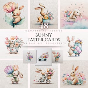 May include: Watercolor illustrations of Easter bunnies with flowers, eggs, and vehicles. The image includes the text "BUNNY EASTER CARDS" and "48 COMMERCIAL LICENCE". The artwork features soft pastel colors and a whimsical style, perfect for Easter-themed projects.