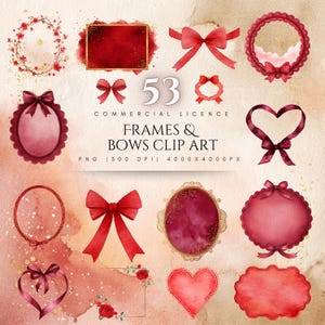Puede incluir: Clip art de acuarela con 53 marcos y lazos en tonos rojos y burdeos. Incluye marcos ovalados, en forma de corazón y rectangulares, junto con varios diseños de lazos. También se ve el texto "FRAMES & BOWS CLIP ART".