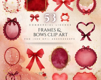 Red Frames & Bows Clipart Bundle, Watercolor PNG (Digital Download)