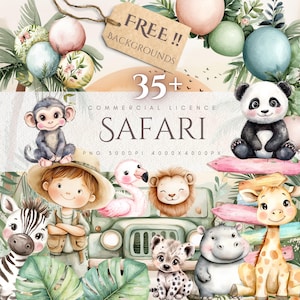 Bundle de cliparts animaux de safari mignon aquarelle jungle PNG Baby Shower anniversaire chambre d'enfant décoration enfants fête Invitation sublimation