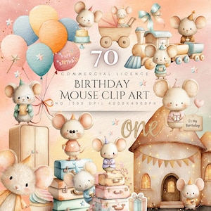 Puede incluir: Ilustración de acuarela con adorables ratones de dibujos animados celebrando un cumpleaños. La imagen incluye globos, una tarta, un tren y maletas. El texto incluye "Happy Birthday", "70" y "Commercial Licence Birthday Mouse Clip Art".