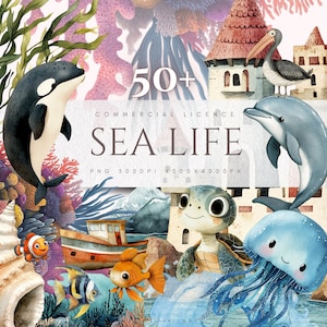 Leben im Meer Druckbare Aquarell Clipart Set Meerestiere Ozean Kunst Strand Thema Klassenzimmer Dekor Nautischen Druck Meeresgeschöpfe Lehre