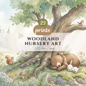 May include: A watercolor illustration featuring a large tree with a sleeping brown bear and a white rabbit at its base. A squirrel sits nearby, and birds fly above. The text reads 23 prints, woodland nursery art, and 300 dpi - png.