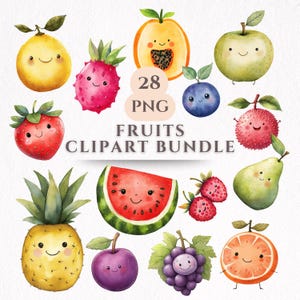 Szczęśliwe owoce Clipart Ilustracja Wystrój klasy Wydruk Owoce Zdrowe Dzieci Grafika Słodkie Jedzenie Cyfrowe Pobieranie Zaproszenie Urodziny Impreza PNG