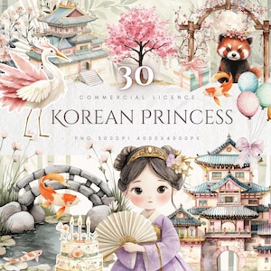 Puede incluir: Ilustración en acuarela con una princesa coreana, edificios tradicionales, flores de cerezo y un panda rojo. La imagen incluye una tarta, peces koi y globos. El texto dice "30 Commercial Licence" y "Korean Princess".