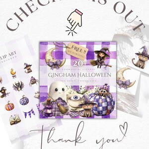 May include: A collection of watercolor illustrations with a Halloween theme. The images include a ghost, witch, cat, and pumpkin, all in a purple gingham pattern. Text includes "CHECK THIS OUT" and "GINGHAM HALLOWEEN".