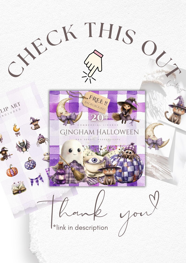 May include: A collection of watercolor illustrations with a Halloween theme. The images include a ghost, witch, cat, and pumpkin, all in a purple gingham pattern. Text includes "CHECK THIS OUT" and "GINGHAM HALLOWEEN".