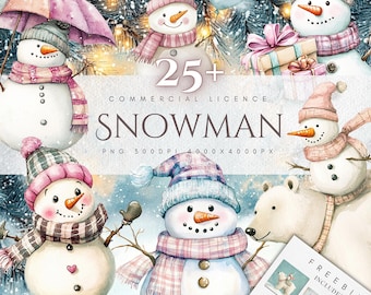 Pastel sneeuwpop aquarel clipart bundel (digitale download) – Winter PNG-afbeeldingen
