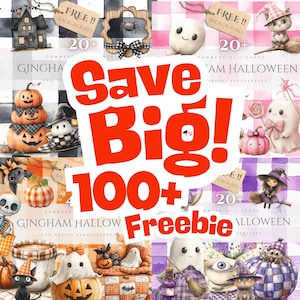 Gingham Halloween Clipart Bundle: Pastel Spooky Ghosts, Pumpkins, Cats (PNG Digital Download)