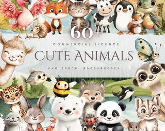 watercolor animal clipart nursery decor png cute animals bundle classroom decor baby room wall art printable graphics