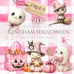 May include: A watercolor illustration featuring Halloween-themed characters and elements. Includes a ghost lollipop, a cat on a broom, a duck with a star, a pumpkin, a bat, and a trick-or-treat bag, all in a pink gingham pattern.