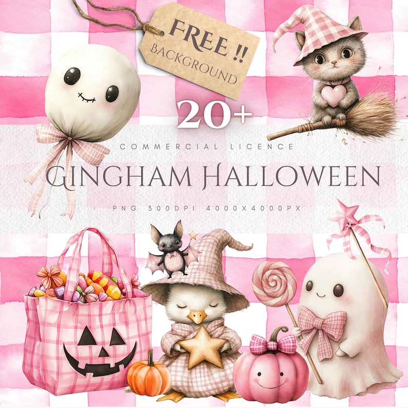 May include: A watercolor illustration featuring Halloween-themed characters and elements. Includes a ghost lollipop, a cat on a broom, a duck with a star, a pumpkin, a bat, and a trick-or-treat bag, all in a pink gingham pattern.