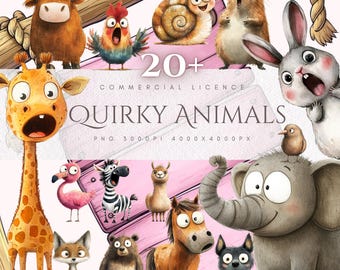 Funny Animal Clipart Bundle: Quirky Watercolor PNGs (Digital Download)