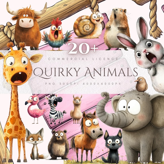 Funny Animal Clipart Bundle: Quirky Watercolor PNGs (Digital Download)