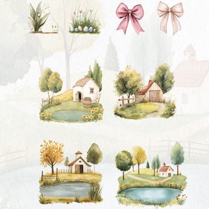 May include: A set of watercolour illustrations featuring a variety of scenes, including a small cottage with a pond, a house with a red roof, a tree with green leaves, and a tree with orange leaves. The illustrations are perfect for adding a touch of whimsy to any project.