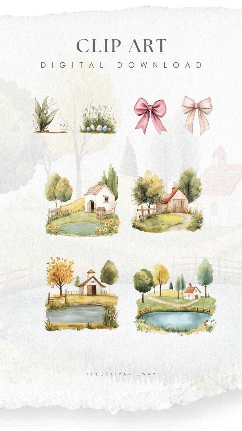 May include: A set of watercolour illustrations featuring a variety of scenes, including a small cottage with a pond, a house with a red roof, a tree with green leaves, and a tree with orange leaves. The illustrations are perfect for adding a touch of whimsy to any project.