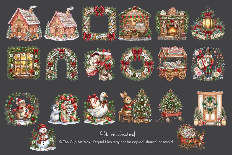 Puede incluir: Una colecci&oacute;n de ilustraciones digitales con escenas navide&ntilde;as que incluyen casas de jengibre, coronas, una chimenea, un puesto de mercado, un cascanueces, un mu&ntilde;eco de nieve, un ganso, un conejo y un trineo, decorados con fichas de mahjong.