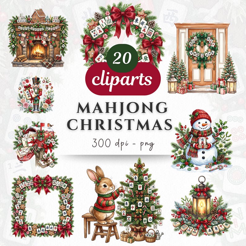 Watercolor Mahjong Christmas clipart bundle featuring festive Mahjong tiles, holiday wreaths, decorated Christmas trees, cozy fireplace, snowman, nutcracker, lanterns, winter florals, bows, seasonal frames, and Christmas decorations. High-resolution PNG graphics with transparent backgrounds perfect for Mahjong party invitations, holiday greeting cards, scrapbooking, stickers, printable crafts, Christmas decor, game night celebrations, and winter DIY projects.