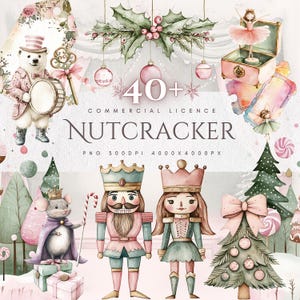 Op de afbeelding: Waterverfillustratie met een Notenkraker-thema, met een ijsbeer in een roze jas, een ballerina, een muis en twee notenkrakerfiguren. De afbeelding bevat ook kerstversieringen, een kerstboom en het woord "Nutcracker".