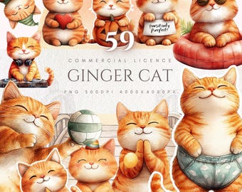Ginger Cat Clipart Bundle Cute Watercolor Cat Characters for Stickers Planners Journals Sublimation PNG Commercial Use
