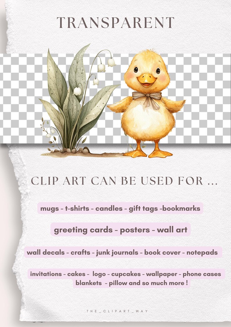 May include: A digital illustration of a yellow duckling standing in front of a green plant with white flowers. The text "TRANSPARENT" is at the top of the image. The text "CLIP ART CAN BE USED FOR..." is at the bottom of the image. Below the text are several lines of text listing different uses for the clipart, including mugs, t-shirts, candles, gift tags, bookmarks, greeting cards, posters, wall art, wall decals, crafts, junk journals, book covers, notepads, invitations, cakes, logos, cupcakes, wallpaper, phone cases, blankets, pillows, and more.