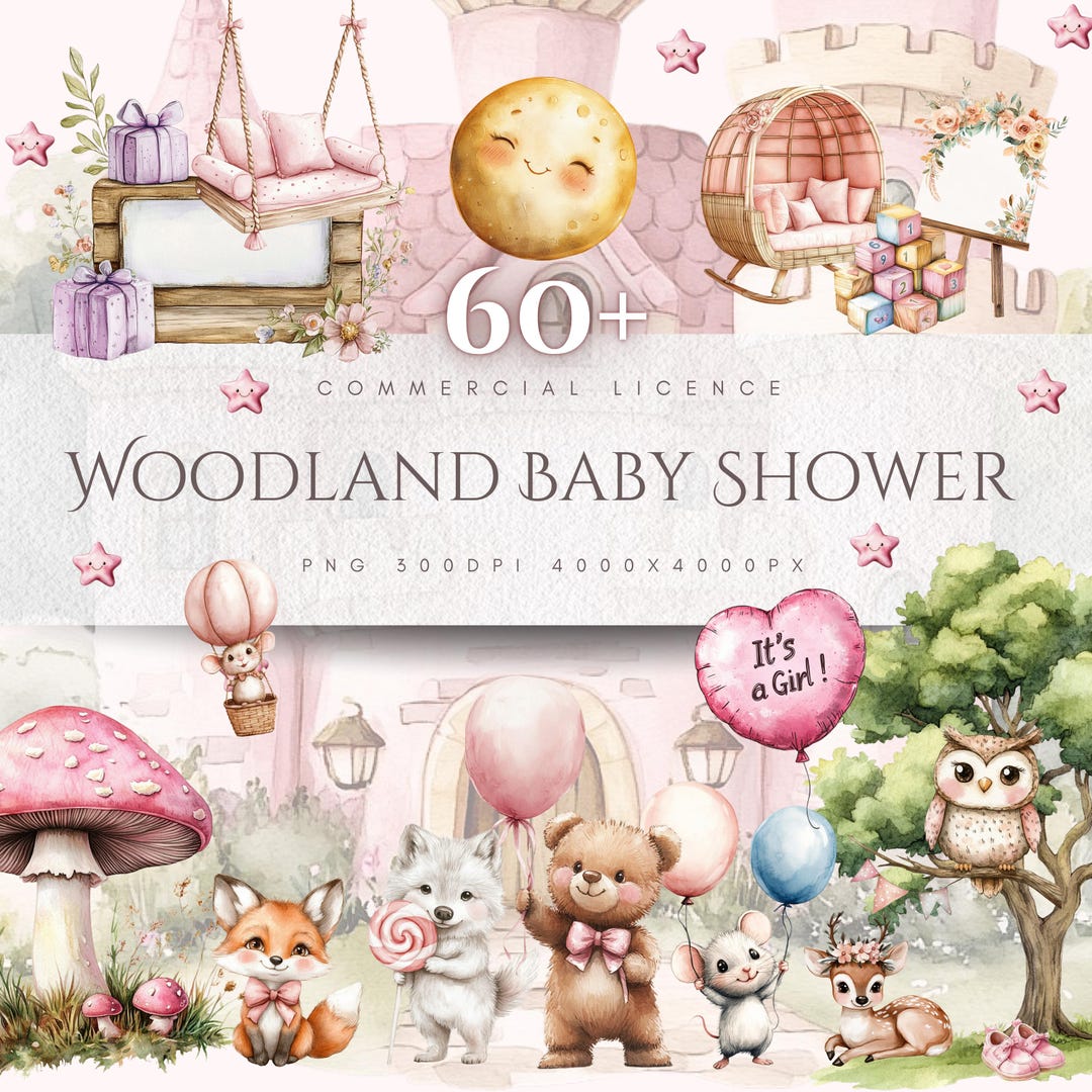 Pastel Pink Woodland Baby Shower Clipart Bundle: Forest Animals ...