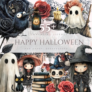 Puede incluir: Ilustración digital con temática de Halloween. La imagen presenta una variedad de elementos espeluznantes, incluyendo un gato negro, un fantasma, una bruja, un cuervo y rosas. El texto dice "Happy Halloween" y "55+ Commercial Licence".