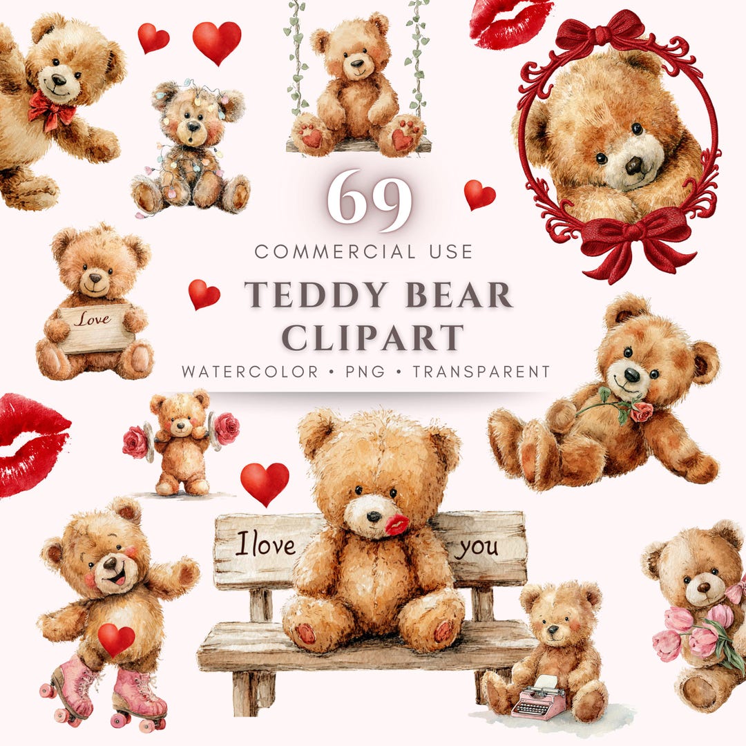 Teddy Bear Clipart Bundle Watercolor Bear PNG Nursery Clip Art ...