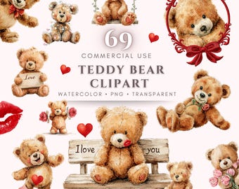 Teddy Bear Clipart Bundle Watercolor Bear PNG Nursery Clip Art Valentine Baby Shower Cute Bears Commercial Use Sublimation