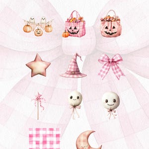 May include: Watercolor clip art set featuring Halloween-themed illustrations. Includes pink gingham patterned pumpkins, witch hat, star, bow, ghost lollipops, and a crescent moon. Text: CLIP ART INCLUDED.