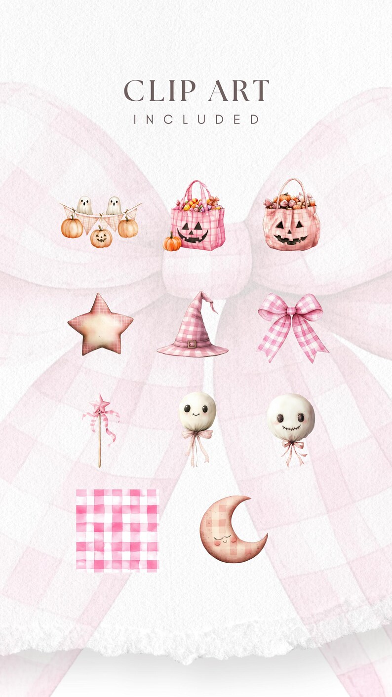 May include: Watercolor clip art set featuring Halloween-themed illustrations. Includes pink gingham patterned pumpkins, witch hat, star, bow, ghost lollipops, and a crescent moon. Text: CLIP ART INCLUDED.