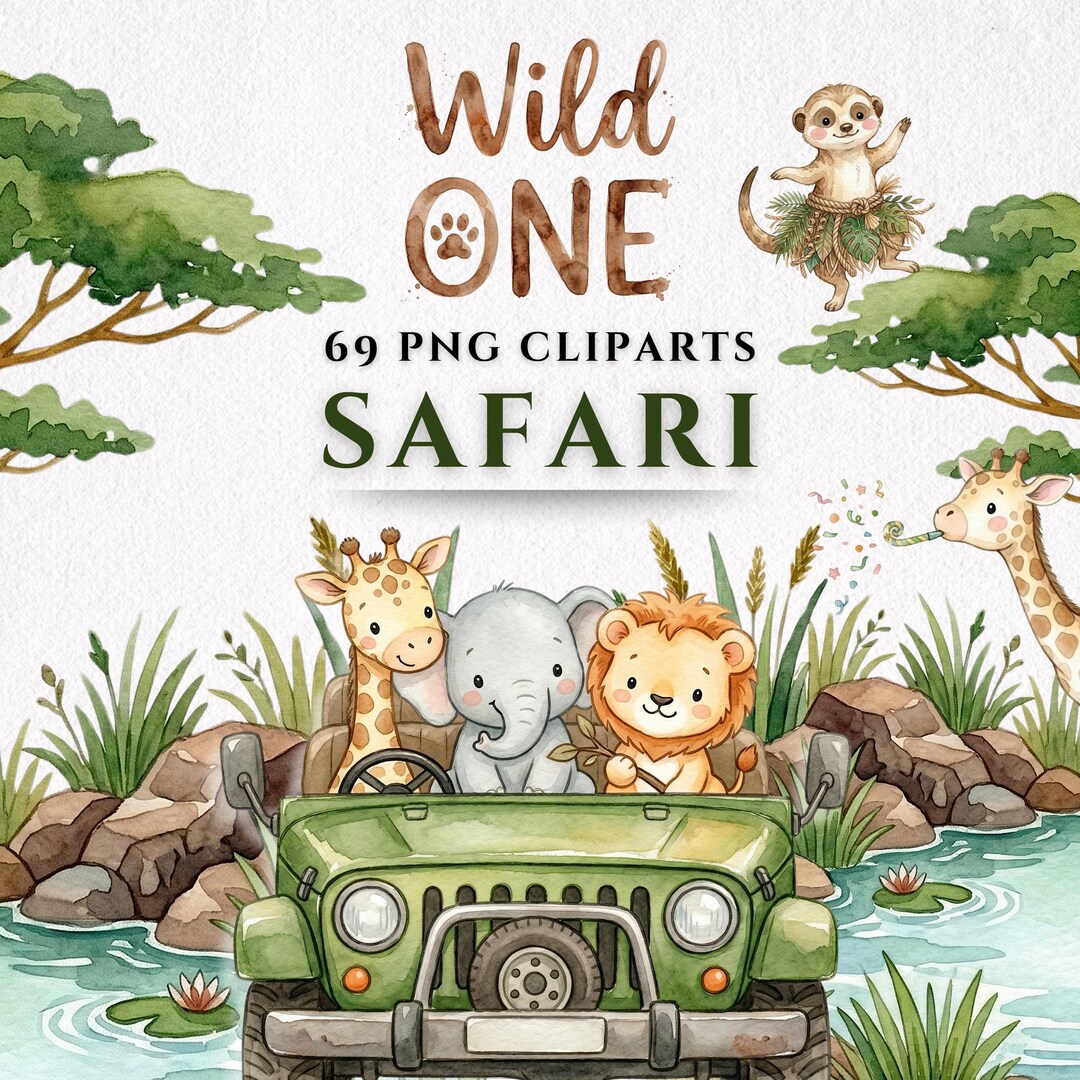 Wild One Safari Birthday Clipart Animals Jungle Party PNG Bundle First ...