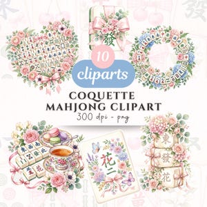 May include: A digital collection of 10 Mahjong tile clipart illustrations featuring watercolor floral arrangements, pink ribbons, tea sets, and macarons. The graphics include heart-shaped and circular tile wreaths, stacked tiles, and individual tiles with text.