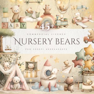 Puede incluir: Una ilustración caprichosa con osos de peluche en varias escenas, incluyendo un arcoíris, un tren y un avión. La imagen incluye el texto "Nursery Bears" y "45+" con una paleta de colores pastel, perfecta para la decoración de la guardería.